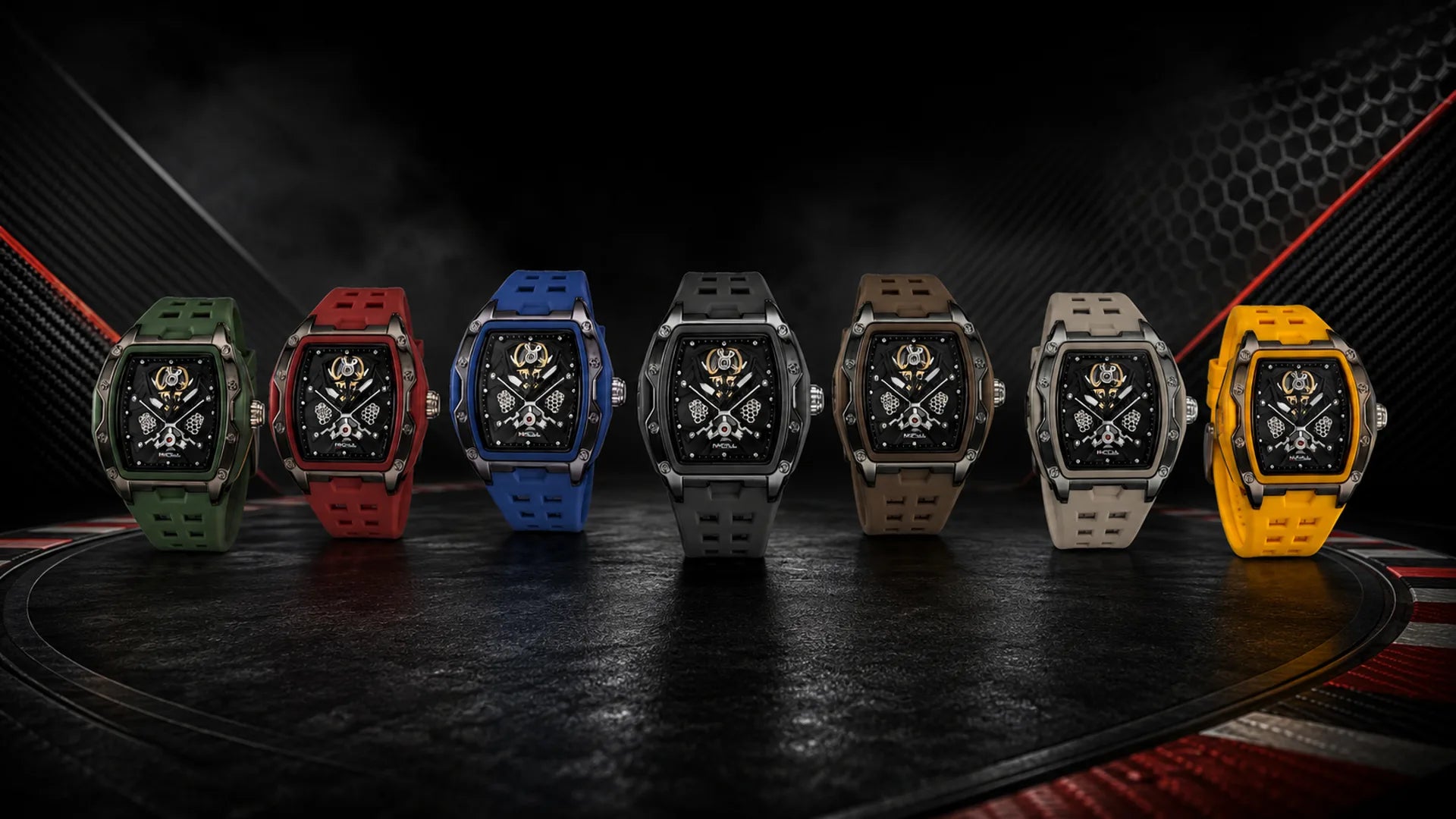Seven IMPUL RPM-01 colour variants: Full Black, Blue, Dark Brown, Light Brown, Green, Red and Yellow